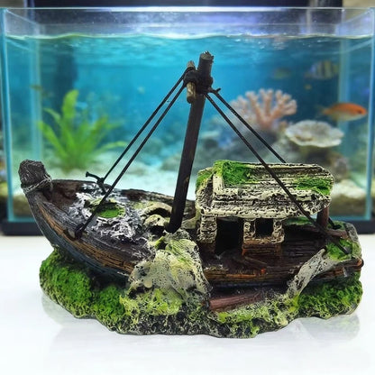 Aquarium Fish Tank Landscape. Wreck Ship Decor, Resin Boat Ornament, Mini Retro Boat Statues