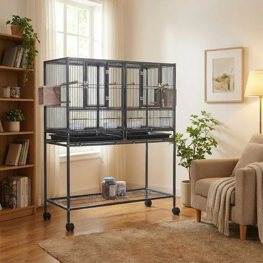 Breeding Flight Bird Cage with Detachable Rolling Stand. Breeder Cage with Perches, Food Boxes, Slide-Out Tray and Storage Shelf.Can be used for other caged animals
