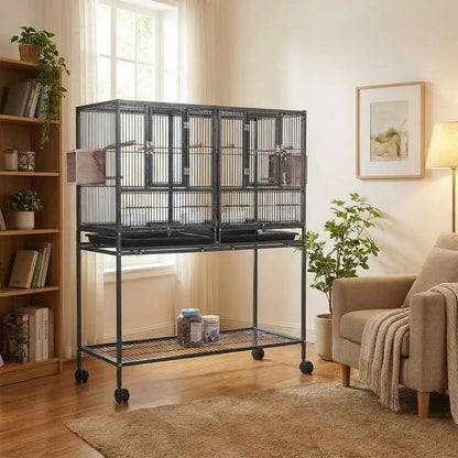 Breeding Flight Bird Cage with Detachable Rolling Stand. Breeder Cage with Perches, Food Boxes, Slide-Out Tray and Storage Shelf.Can be used for other caged animals