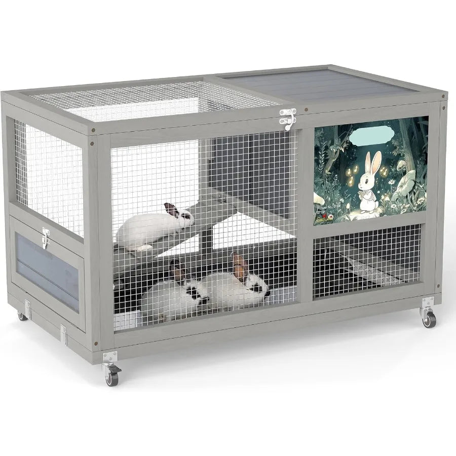 Fashionable Wood 36" Rabbit Hutch Indoor/Outdoor, on Wheels Bunny/Rabbit Cage with Clean Tray. Openable Roof
