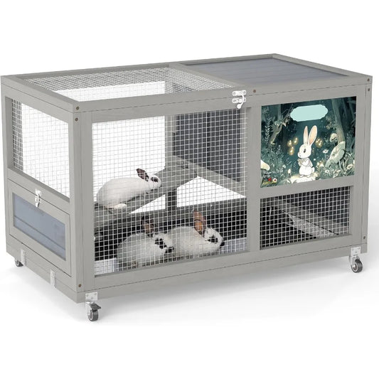 Fashionable Wood 36" Rabbit Hutch Indoor/Outdoor, on Wheels Bunny/Rabbit Cage with Clean Tray. Openable Roof