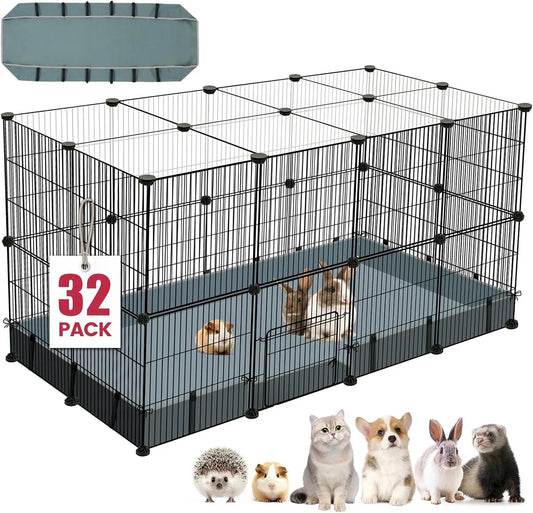 32-Panel Small Animal Playpen with Waterproof Mat, Portable Metal Fence for Guinea Pigs, Rabbits, Puppies Indoor/Outdoor