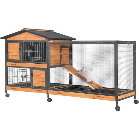 Rabbit Hutch with Chew-Resistant Metal Frame. Indoor Bunny Cage, Outdoor Rabbit Cage with Wheels and Leakproof Tray