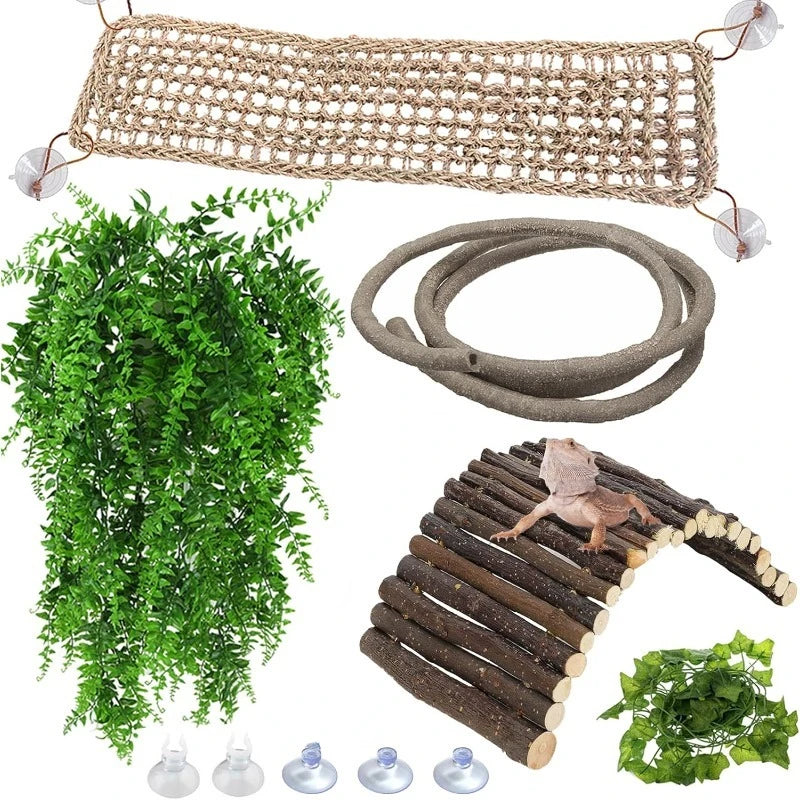 Reptile Bridge Hammock. Jungle Climbing Vines and Leaves with Suction Cup. Habitat Decorations for Hiding and Climbing for Snakes & Geckos