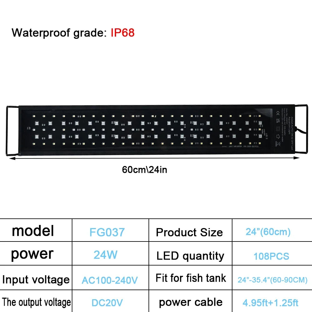 30-60cm Fish Tank 24/7 Full Spectrum Lighting. LED Light Aquarium Aquatic Plant Growth Lamp IP68 Waterproof 100V-240V