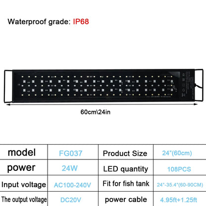 30-60cm Fish Tank 24/7 Full Spectrum Lighting. LED Light Aquarium Aquatic Plant Growth Lamp IP68 Waterproof 100V-240V