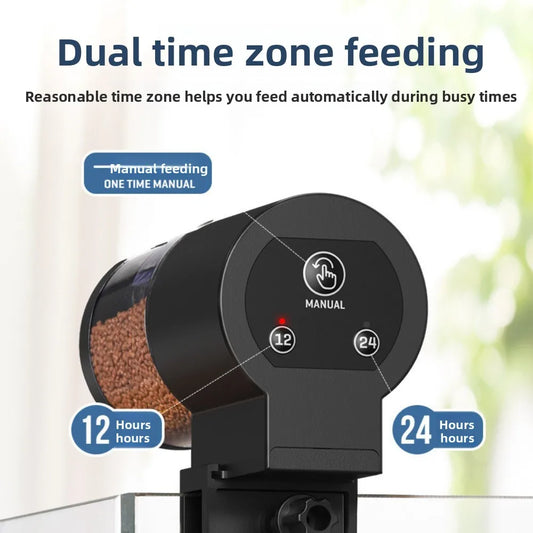 Programmable Automatic Fish Feeder. 100ML Battery Powered for Aquariums and Accessories. Vacation Use. Easy to Install