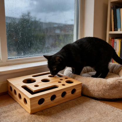 Interactive Frosted Wooden Cat Maze Toy. Pet Treat Dispenser Puzzle Box. Cat Enrichment Plaything. Kitten Foraging Game Feeder