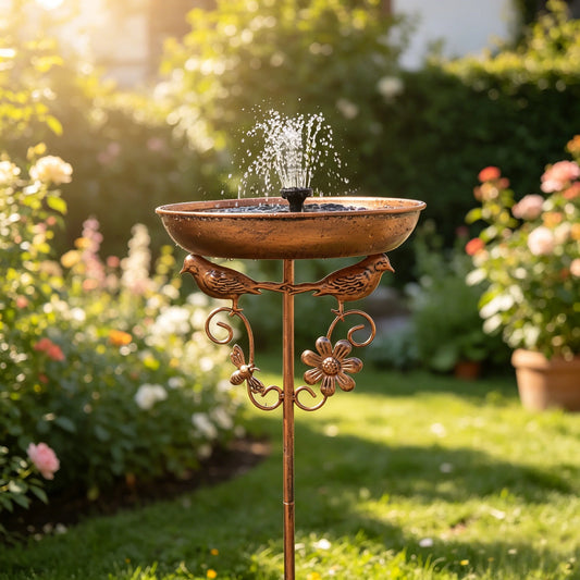 A Vintage Copper-Colored Iron Bird Bath with a Solar-Powered Fountain, Outdoor Rust-Proof with 5 Stable Legs, Garden and Yard Decoration, Bird Drinking and Bathing Station, Easy to Clean, Classic Garden Decoration, Outdoor De