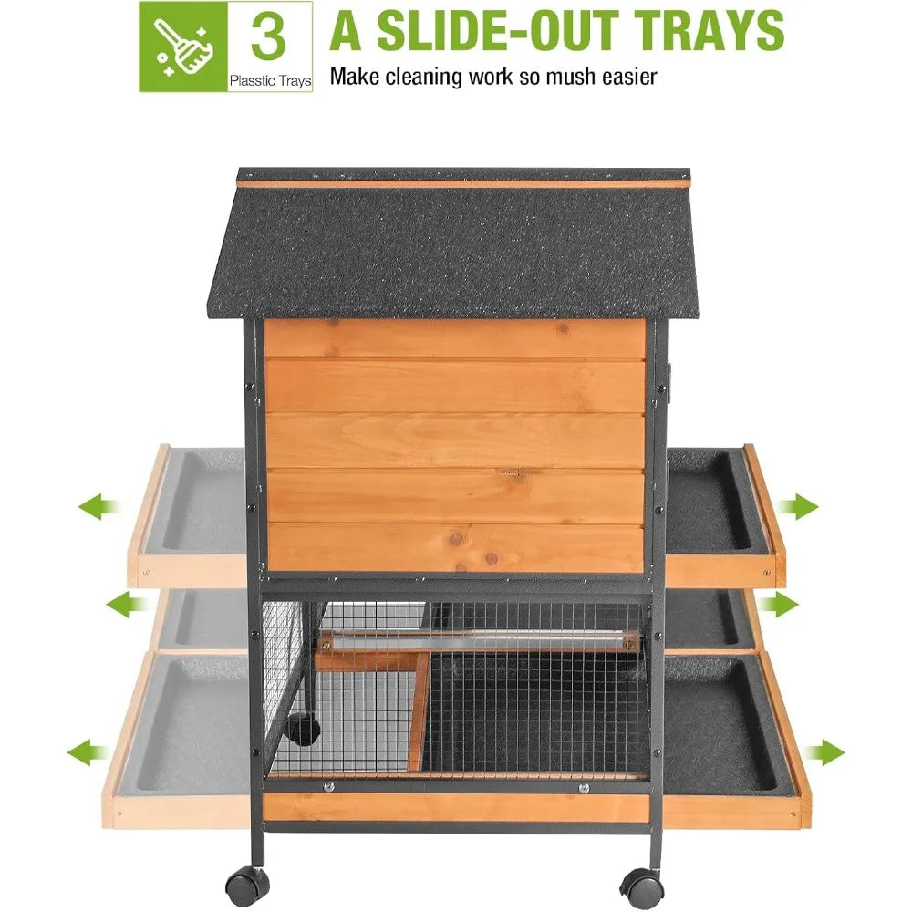 Rabbit Hutch with Chew-Resistant Metal Frame. Indoor Bunny Cage, Outdoor Rabbit Cage with Wheels and Leakproof Tray
