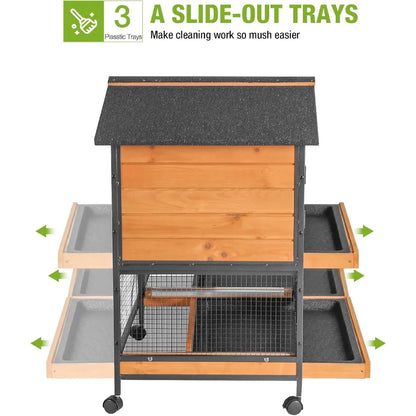 Rabbit Hutch with Chew-Resistant Metal Frame. Indoor Bunny Cage, Outdoor Rabbit Cage with Wheels and Leakproof Tray