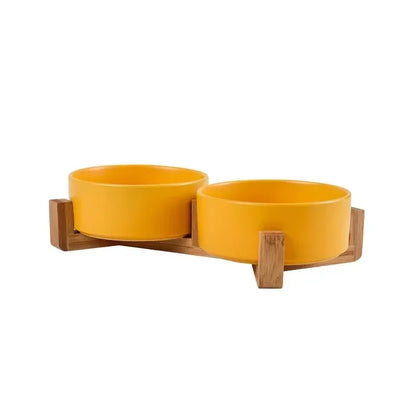Ceramic Pet Bowl  With Wood Stand. No Spill Pet Double Bowl For Dogs & Cats Food & Water Feeder. Cats & Small Dogs