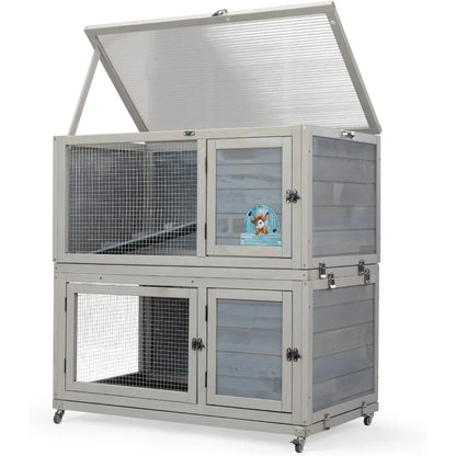 Weatherproof Wooden Rabbit Hutch for Indoor/ Outdoor Use with Two Stories. Portable Pet House with Wheels Easy-to-Clean & Pull-Out