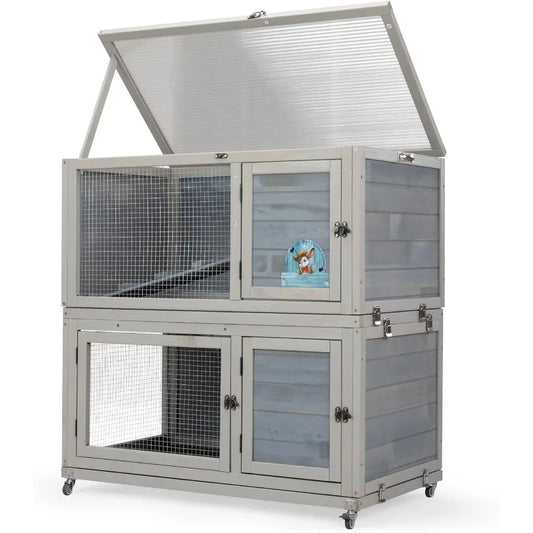 Weatherproof Wooden Rabbit Hutch for Indoor/ Outdoor Use with Two Stories. Portable Pet House with Wheels Easy-to-Clean & Pull-Out