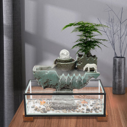 Clear Tabletop Eco Fish Tank Water Fountains, Rectangular Indoor Water Fall Decor for Meditation with Mist for Good Luck Wealth