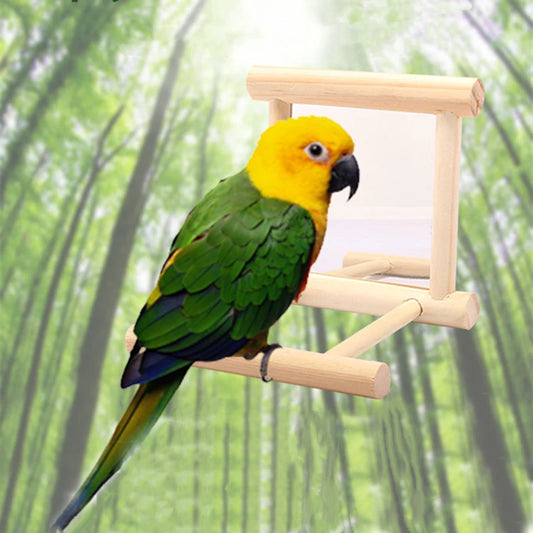 Bird Mirror Wooden Interactive Play Toy. With Perch For Small Parrot, Budgies, Parakeet, Cockatiel, Conure and Lovebird Cage Accessories