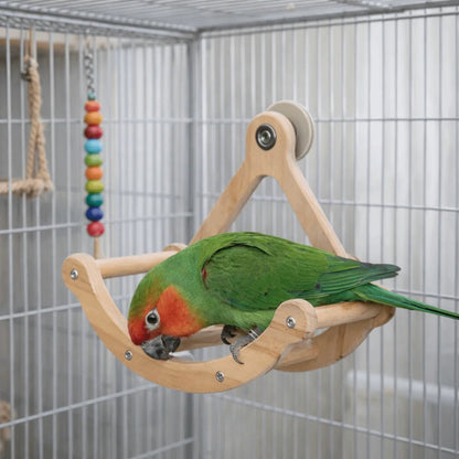 Funny Wooden Bird Swing. Hanging Durable Parrot Stand Wheel. Bite Resistant, Parrot Enrichment Toy. Cage Accessories.