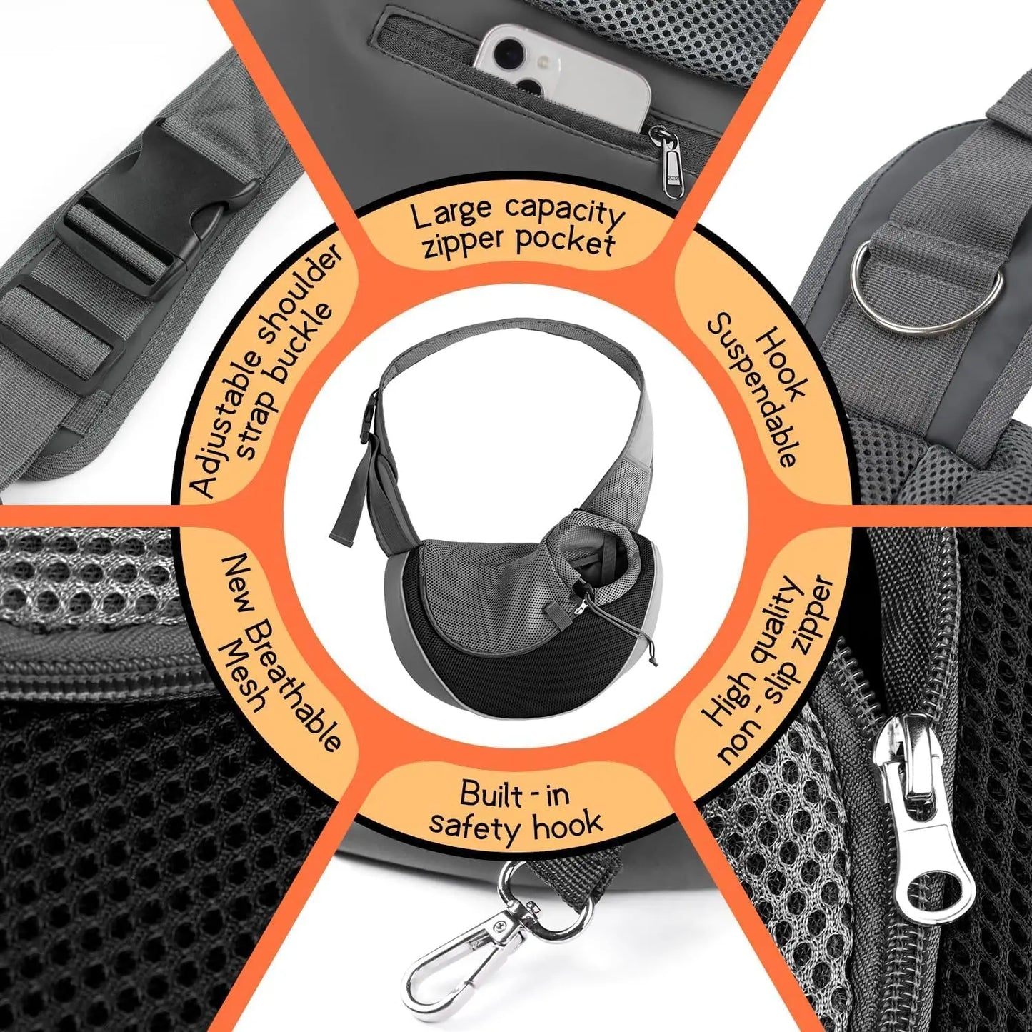 Pet Sling Carrier for Small Dogs & Cats – Hands-Free Puppy Carrier with Safety Hook, Large Zipper Pocket, Soft Breathable Mesh