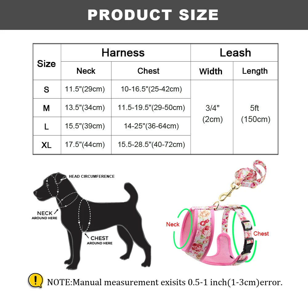 Cute Printed Dog Harness Leash Set. Soft Mesh Puppy or Cat Harness. Adjustable Walking Lead For Small & Medium Dogs & Cats