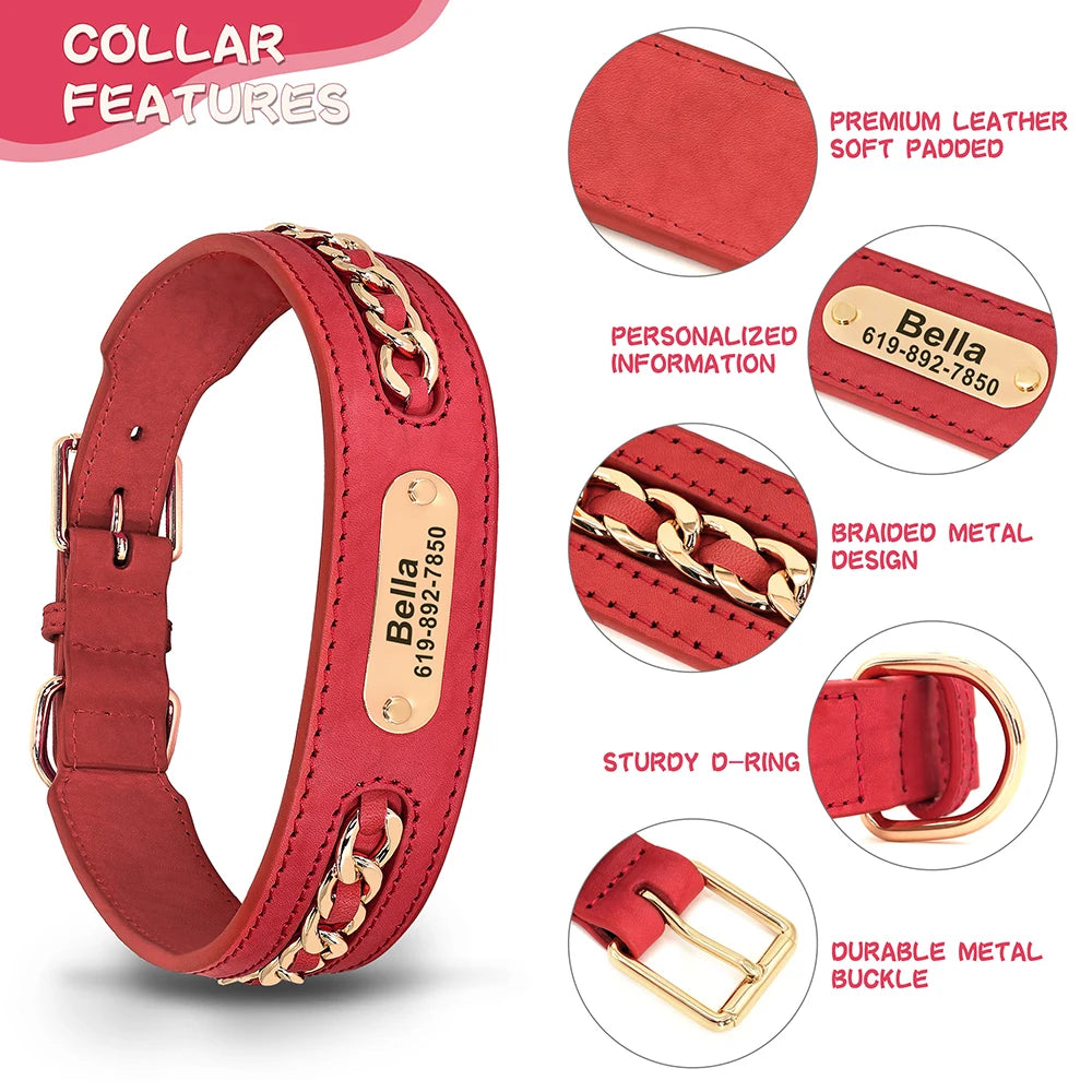 Custom Leather Dog Collar for Big Dogs. Genuine Leather ID Collar, Free Engraved Name For Small, Medium and Large Dogs. Metal Design