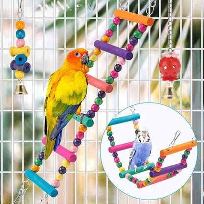 Bird Toys. 11pcs Parrot Set Bird Cage Accessories with Swing Ladder, Chewing Beads, Bell Toys. Interactive Toys with Wooden Beads
