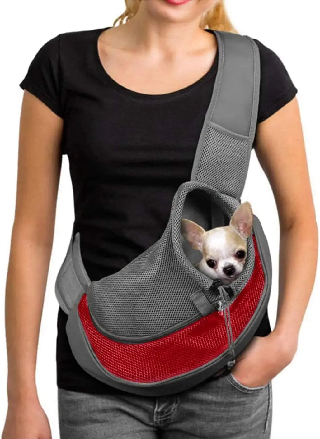 Pet Sling Carrier for Small Dogs & Cats – Hands-Free Puppy Carrier with Safety Hook, Large Zipper Pocket, Soft Breathable Mesh