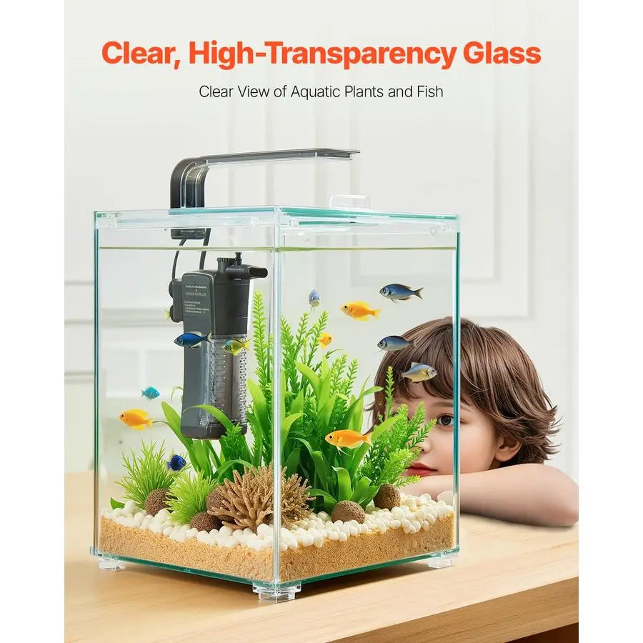 Fish Tank Aquarium, 5 Gallon Square UltraClear Glass Starter Smart Tank Adjustable 3 Color Lighting, Self Cleaning System Fishbowl