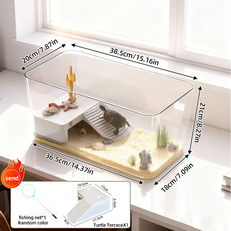 Transparent Reptile Terrarium Tank with Basking Area for Pet Turtles, Hermit Crabs, Tortoise - Turtle Adoption Habitat