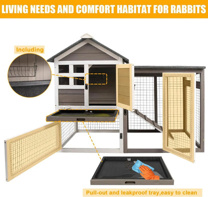 Rabbit Hutch, 2-Story Bunny Cage. Indoor/Outdoor with Pull Out Tray, Waterproof Roof and Anti-Slip Ramp, Wooden Chicken Coop for Outdoor