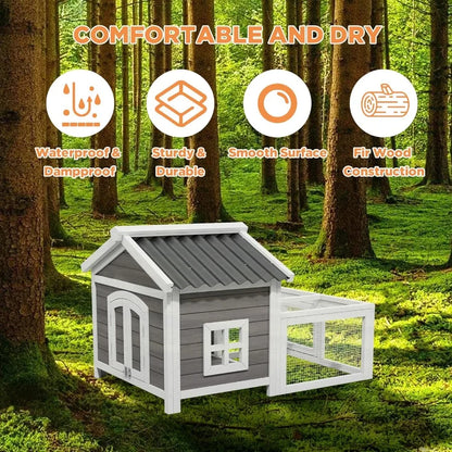 Small Rabbit Cage. Indoor Rabbit Hutch with Run, Wooden. 2-Zone Design. Waterproof Roof