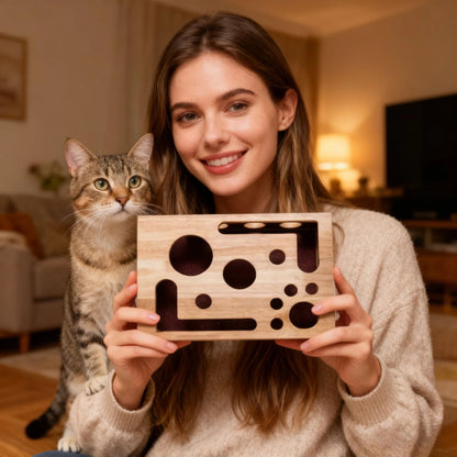 Interactive Frosted Wooden Cat Maze Toy. Pet Treat Dispenser Puzzle Box. Cat Enrichment Plaything. Kitten Foraging Game Feeder