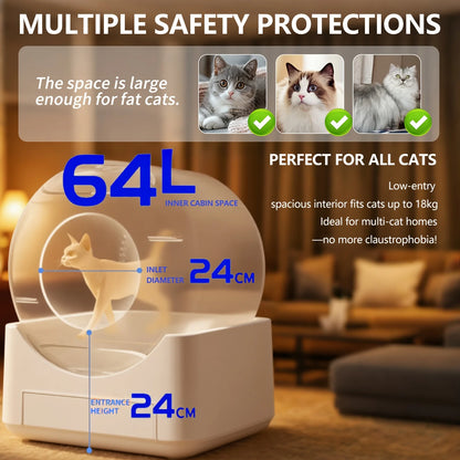 Self-Cleaning Cat Litter Box Automatic - 64L Large Capacity W/ FREE Waste Bags & TrackingMat, Smart APP-Controlled, Odor-Free