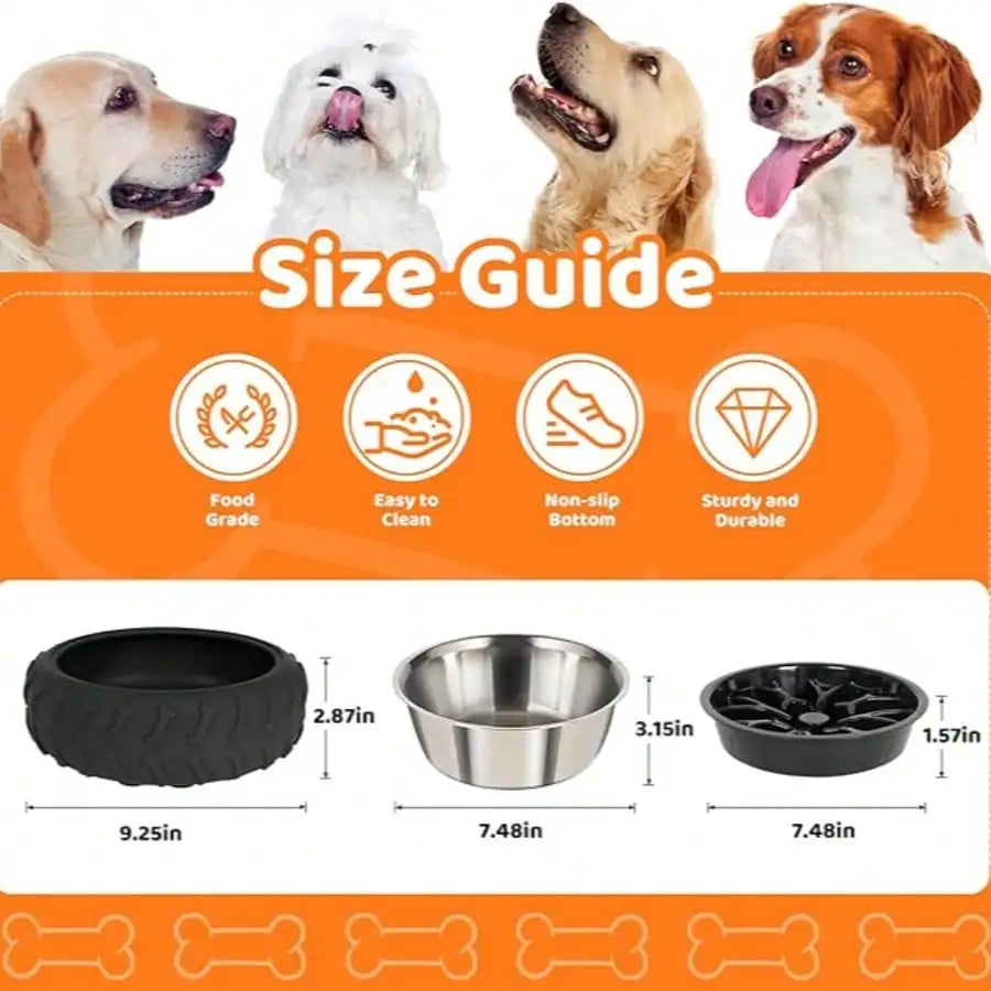 3-in-1 Stainless Steel, Slow Feed Dog Bowl - Non-Slip Suction Cup Feeder