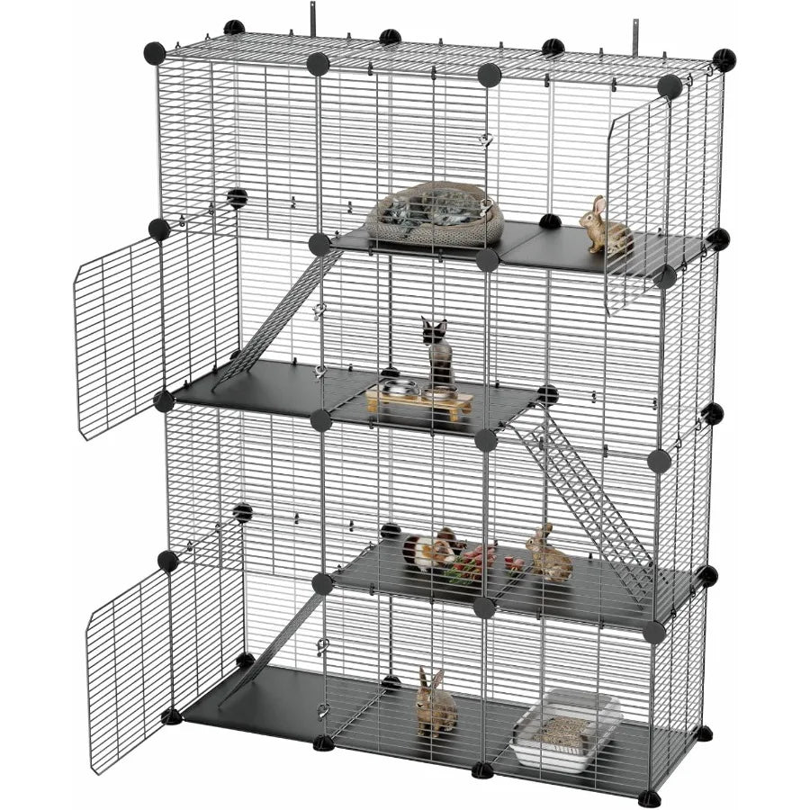 3 Tier Indoor Large Wire Cat Cage with DIY Playpen. Design for 12 Cats/Kittens, Guinea Pigs, Ferrets, Chinchillas and Rabbits Versa