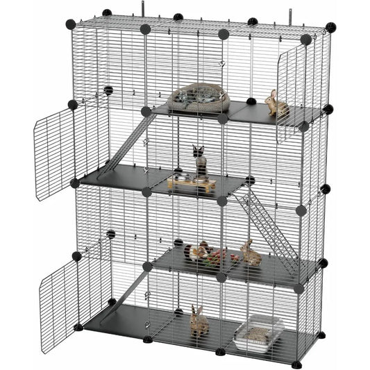 3 Tier Indoor Large Wire Cat Cage with DIY Playpen. Design for 12 Cats/Kittens, Guinea Pigs, Ferrets, Chinchillas and Rabbits Versa