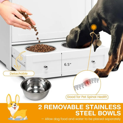 Pet Feeder Station, Dog Food Storage Container with Double Pull Out Dog Bowls, Pet Food & Toy Cabinet,