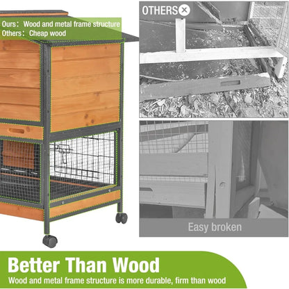 Rabbit Hutch with Chew-Resistant Metal Frame. Indoor Bunny Cage, Outdoor Rabbit Cage with Wheels and Leakproof Tray