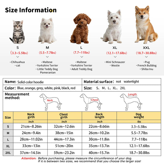 Dog Hoodies for Small Dogs, Spring, Autumn Clothes. Solid Color Sweatshirts with Pocket. Pet Pullover Coat. Puppy/Cat Sport Costume