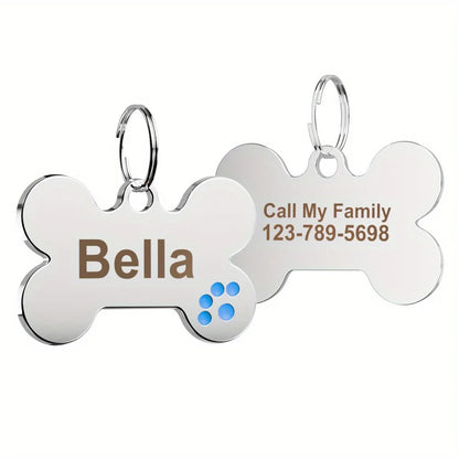 Custom Engraved Bone-Shaped Dog Tag - Personalized Pet ID Tag with Paw Print Design, Durable Metal Slide-On Collar Name Tag
