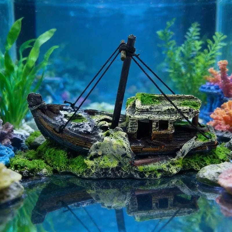 Aquarium Fish Tank Landscape. Wreck Ship Decor, Resin Boat Ornament, Mini Retro Boat Statues