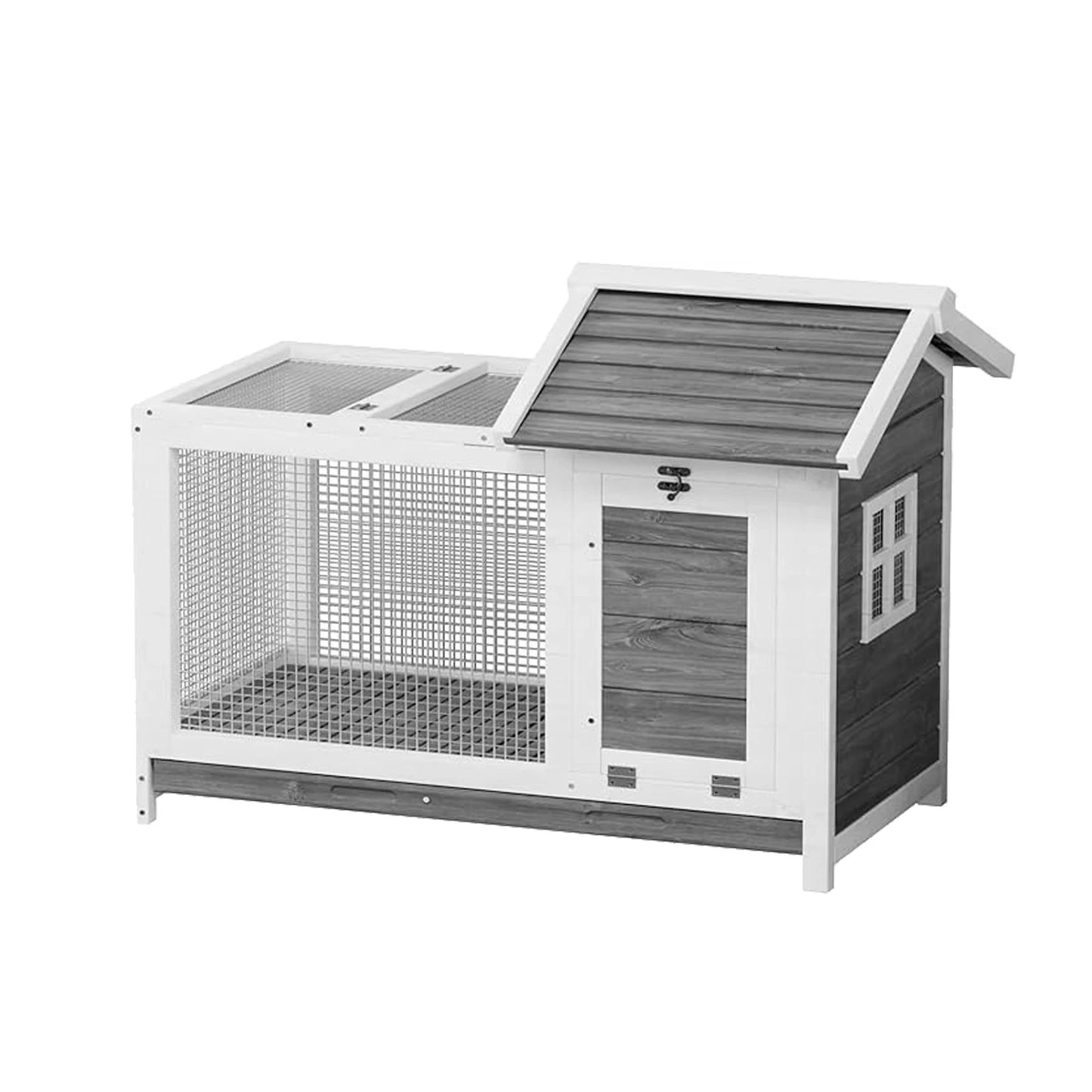 Rabbit Hutch, Outdoor & Indoor - Weatherproof, Wooden Rabbit Cage with Metal Frame Ramp, Removable Wire Netting for Small Animals