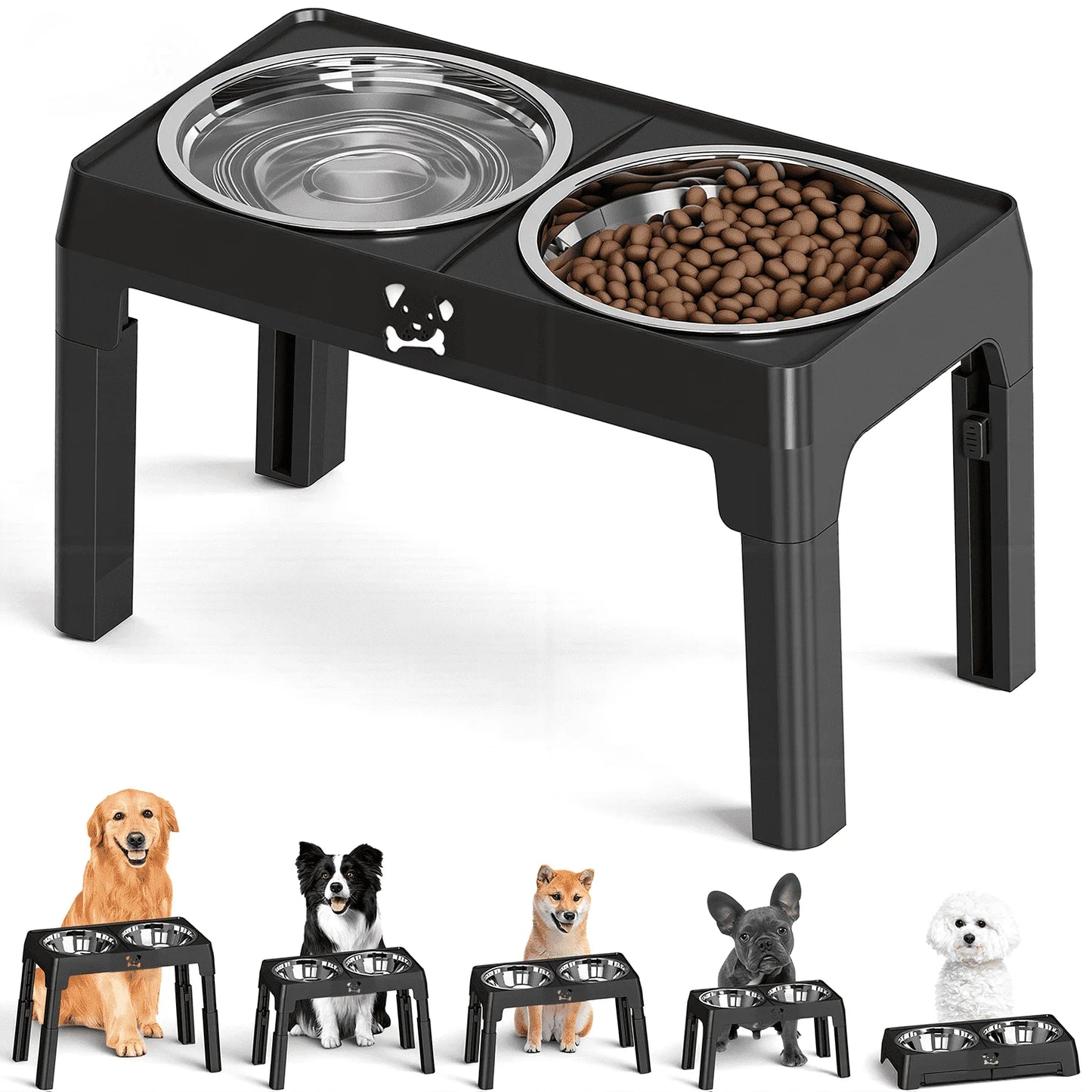 Elevated Dog Bowls - 5 Heights, Adjustable.  2 Stainless Steel Bowls for Small ,Medium & Large Dogs or Cats