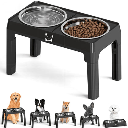 Elevated Dog Bowls - 5 Heights, Adjustable.  2 Stainless Steel Bowls for Small ,Medium & Large Dogs or Cats