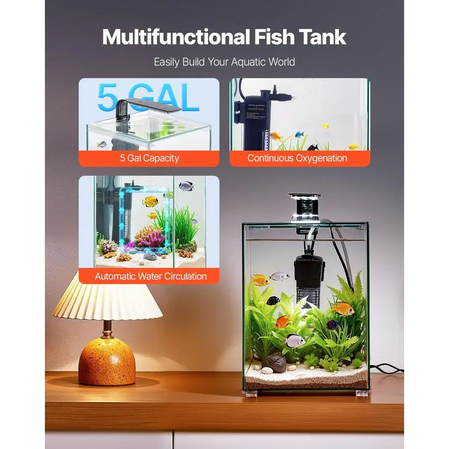 Fish Tank Aquarium, 5 Gallon Square UltraClear Glass Starter Smart Tank Adjustable 3 Color Lighting, Self Cleaning System Fishbowl
