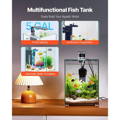 Fish Tank Aquarium, 5 Gallon Square UltraClear Glass Starter Smart Tank Adjustable 3 Color Lighting, Self Cleaning System Fishbowl