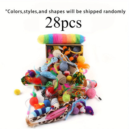 28pc or 14pc Cat Toys Mixed Pack. A Combination of Various Plastic Toys and Plush Toys Suitable for Multiple Cats To Play