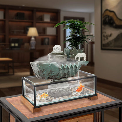 Clear Tabletop Eco Fish Tank Water Fountains, Rectangular Indoor Water Fall Decor for Meditation with Mist for Good Luck Wealth