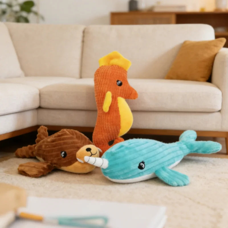 Cute Animal Safe Dog Touch Toys. Resistant Marine Animals. Indestructible Plush Tooth Chew. Dog Play Toy With Squeake.r