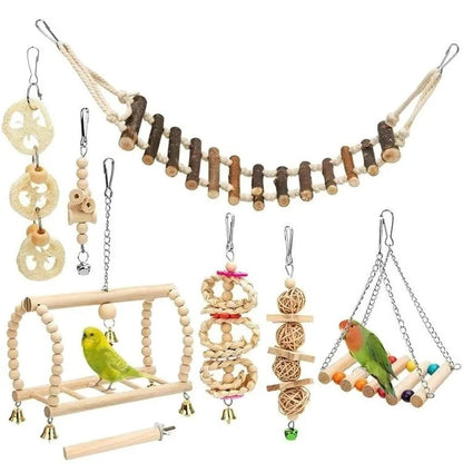 8PCS Set Combination. Parrot Bird Toys. Wood Articles, Bite Bird Toys For Parrot Training. Bird Toy Swing, Ball and Bell.