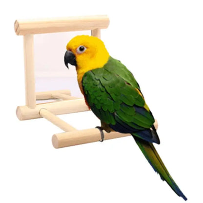 Bird Mirror Wooden Interactive Play Toy. With Perch For Small Parrot, Budgies, Parakeet, Cockatiel, Conure and Lovebird Cage Accessories